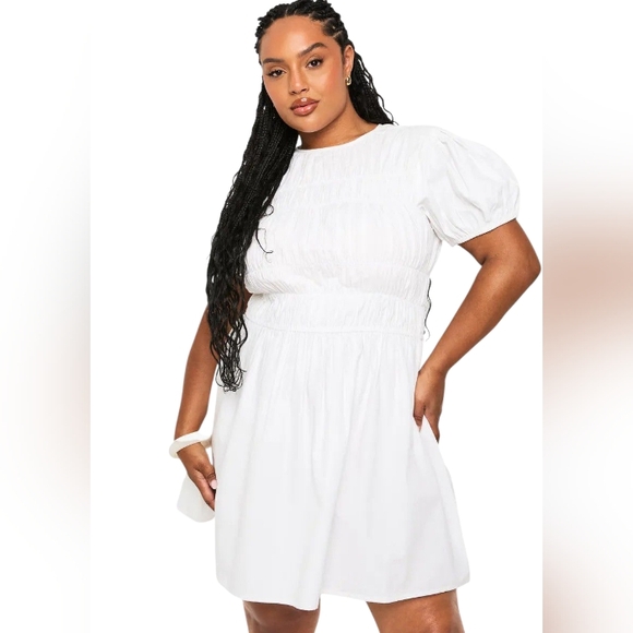 Boohoo Plus Cotton Shirred Elegant White Puff Sleeve Skater Dress Size 22 BNWT - Picture 1 of 5